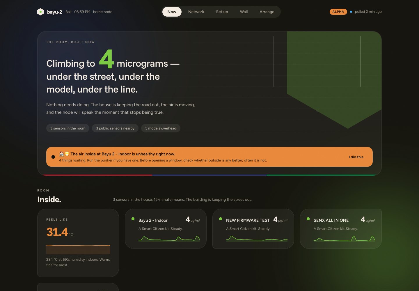 The dashboard: the room's PM2.5 as a sentence, four headline tiles, the day as an annotated chart
