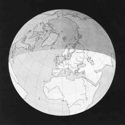 Kees Boeke, Cosmic View (1957) — the Earth rendered as a shaded globe, Europe and North Africa catching the light, the last scale at which we can see the whole.